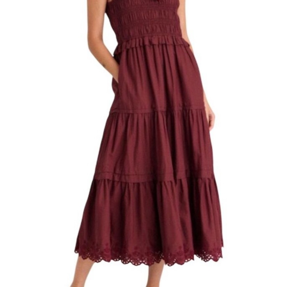 Madewell Lucie Burgundy Midi Dress with eyelet ruffles.